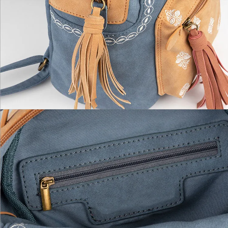 Boho Ladies Canvas and Vegan Leather Backpack Purse Small Rucksack for Women
