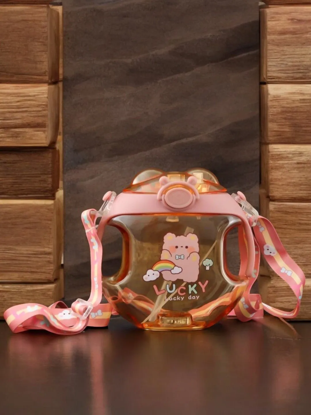 Lucky Bear Water Bottle with Strap for Kids – Orange, 450 ML