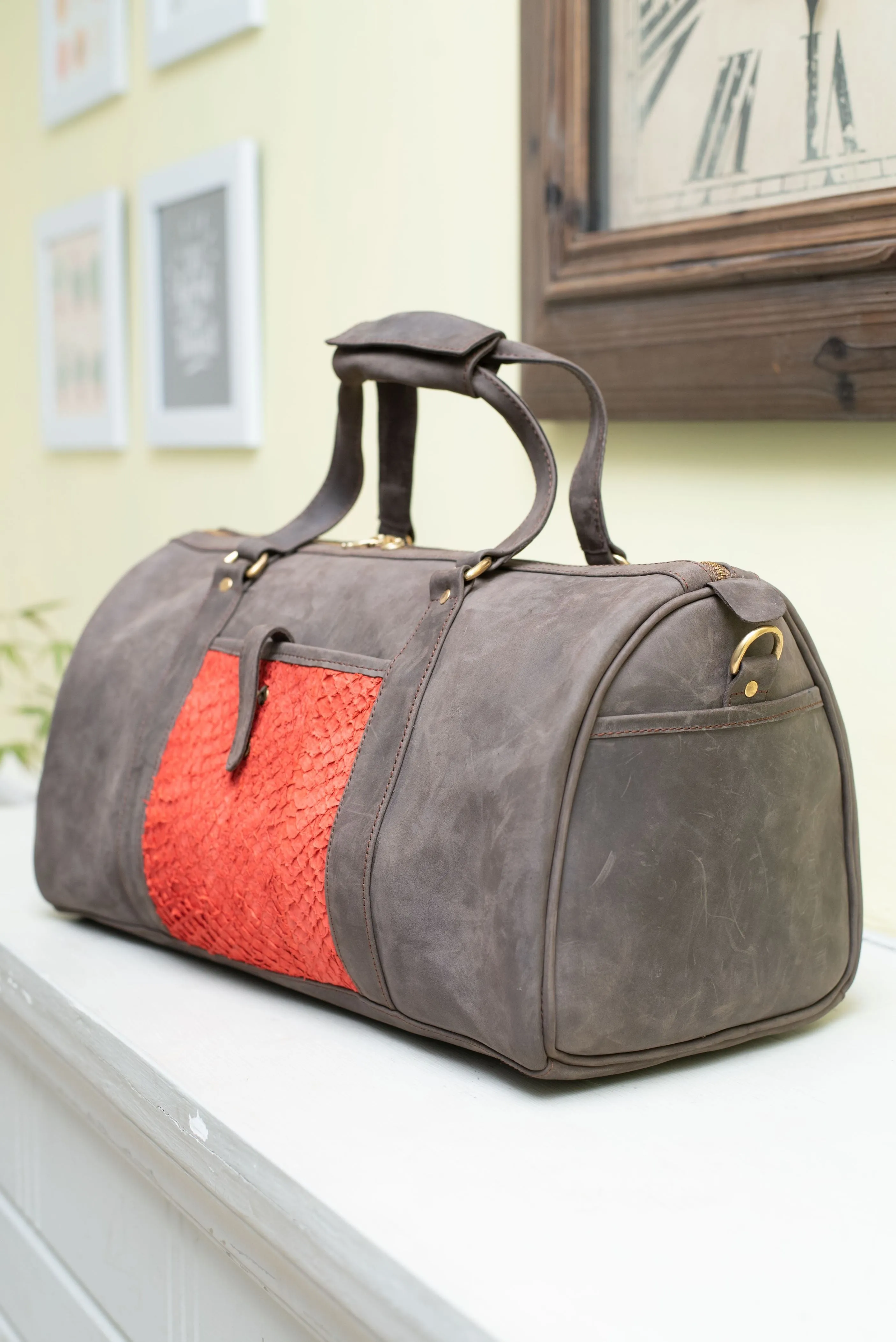 Pull Up Leather Travel Bag - with Fish leather on exterior pocket