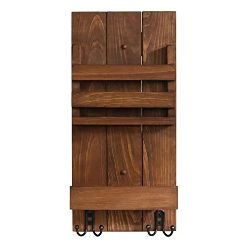 Rooms Organizer Entryway Organizer Wall Mounted Key Letter Bill Dog Leash Organizer Rack Pine Wood (Walnut Stain)