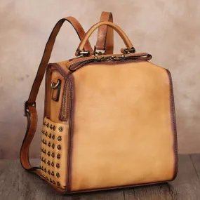 Vintage Womens Small Brown Leather Backpack Purse Cross Shoulder Bag for Women