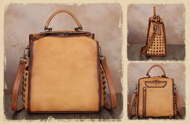 Vintage Womens Small Brown Leather Backpack Purse Cross Shoulder Bag for Women