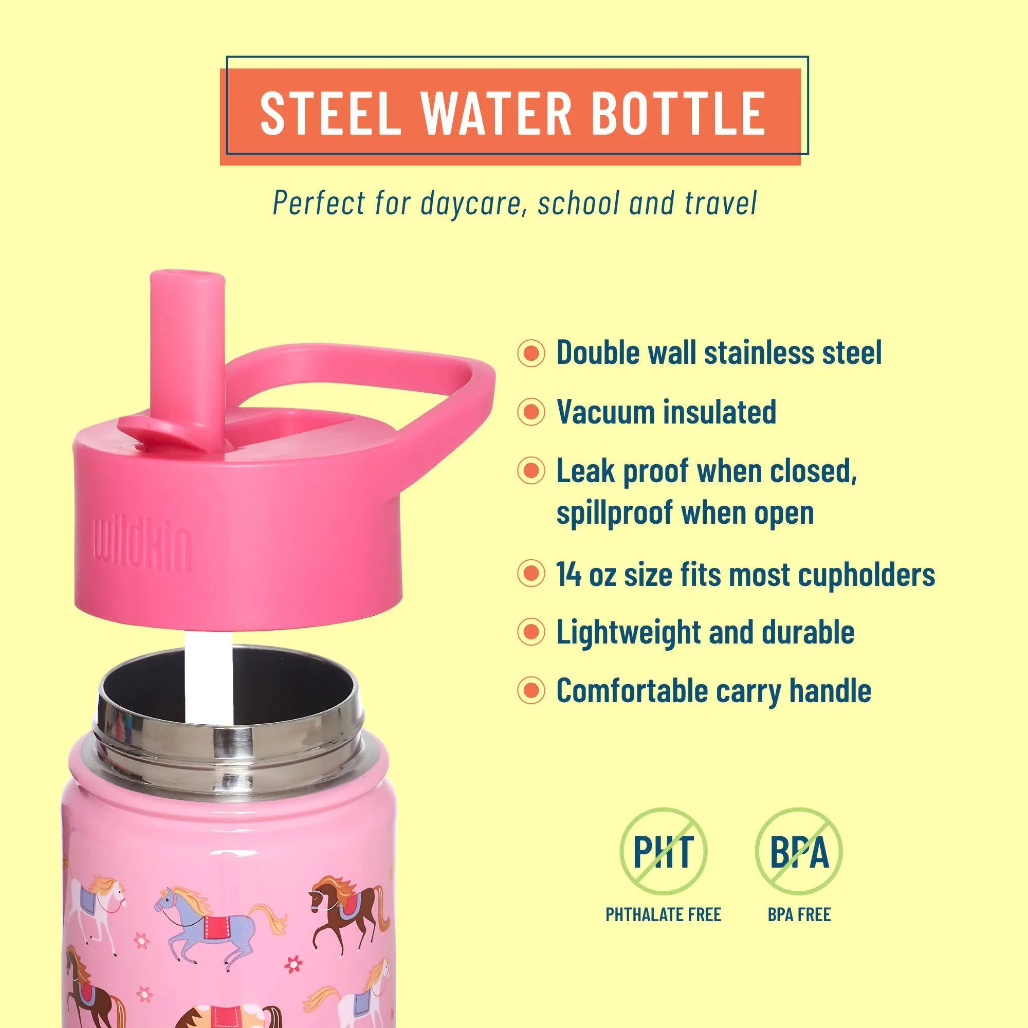 Wildkin - Horses 14 oz Steel Water Bottle